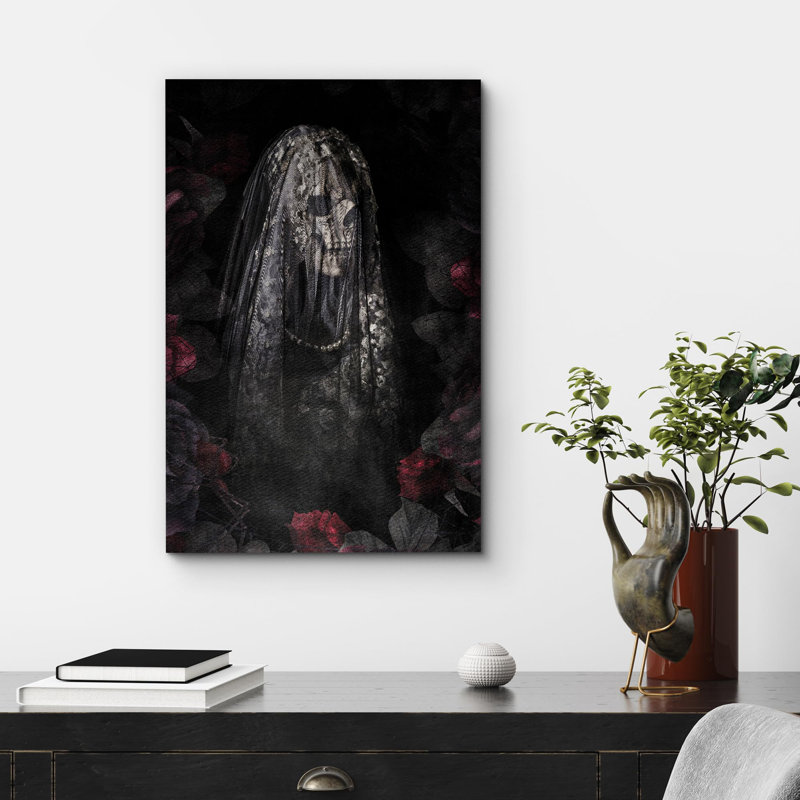 Mystérieux squelette voilé Moody foncé, œuvre d'art moderne, décor, Toile tendue, H 18 po x l 12 po