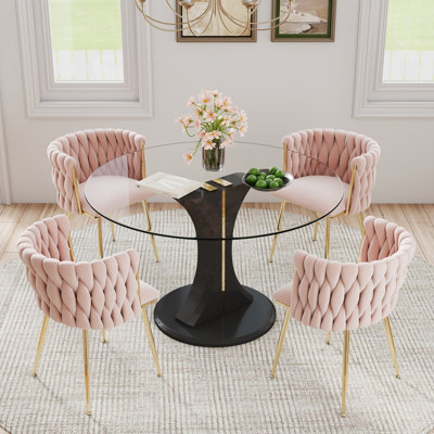 Modern Round Dining Table Set with Upholstered Weavon Chairs, Mid‑Century Dining Room Table Set for Kitchen Breakfast Nook