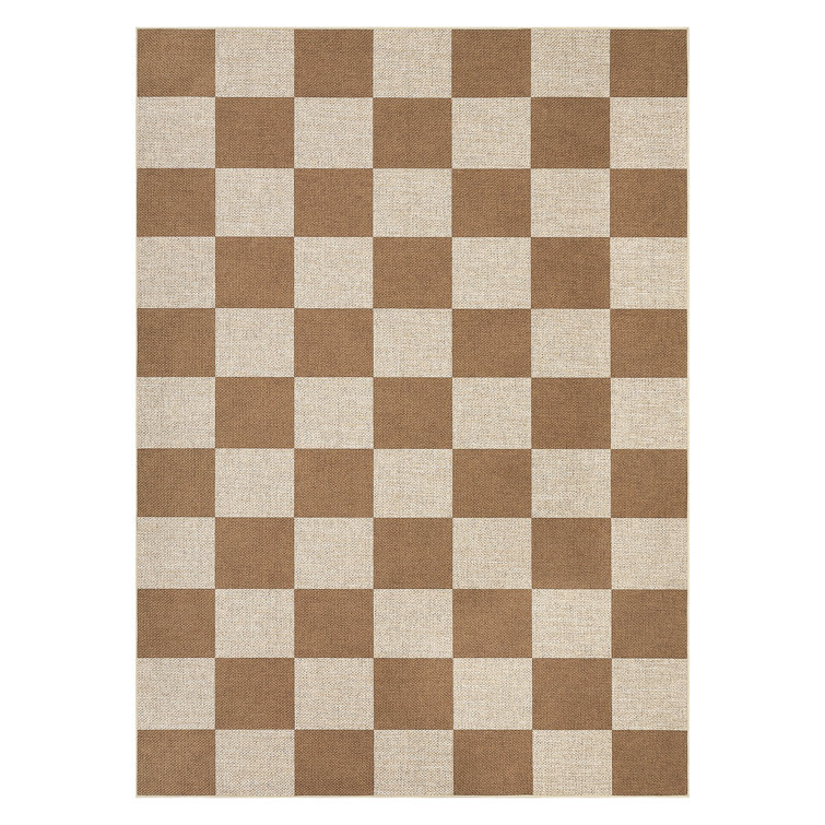 Modern Easy Jute Rug Washable Rug with Non Slip TPR Backing, Neutral Checkered Carpet, Durable UV Resistant Printed Mats, Non Shedding Low Pile Foldable Floor Covering for Living Room