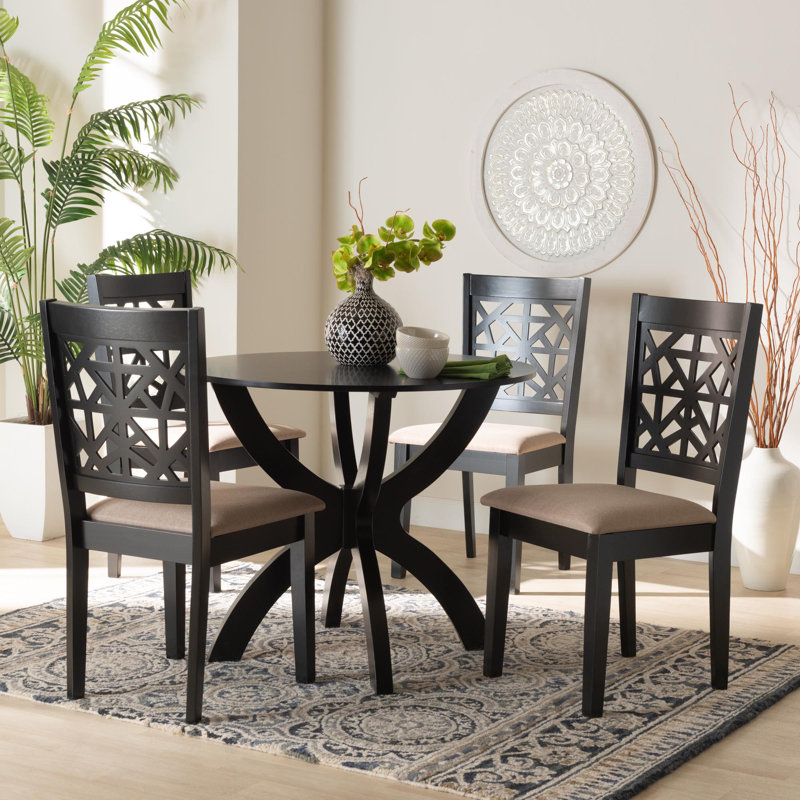 Strassen 4 - Person Pedestal Dining Set, Beige/Dark Brown
