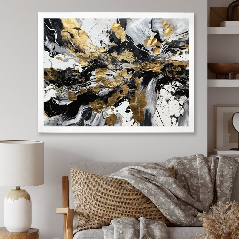 «Wild Wave Bliss Abstract Gold White Black I», reproduction d'art sur toile, Cadre simple blanc, H 12 po x l 20 po x P 1 po