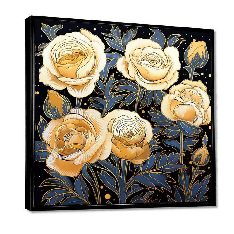 Roses jaunes, feuilles bleues rétro - roses, impression d'art mural, H 30 po x l 30 po x P 1 po