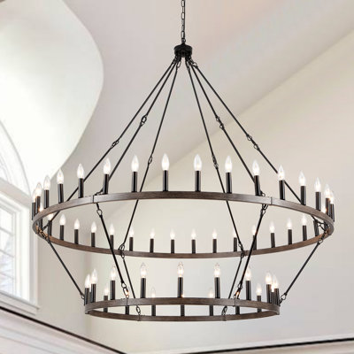 Neiges 54 - Light 60" Two Tier Large Farmhouse Rustic Candle Style Wagon Wheel Chandelier