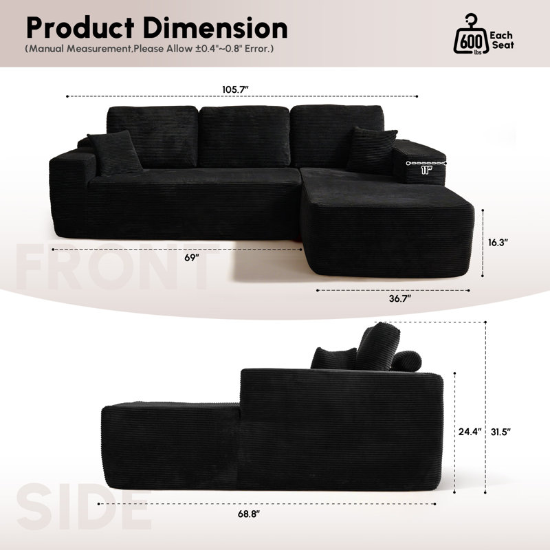 Sabit Boneless 2 - Piece Free Combination Sectional-No Assembly Required Compression Sofa, Black Corduroy, Right Hand Facing