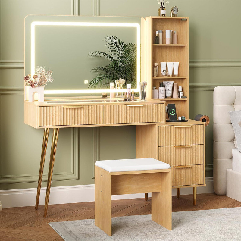 48" Vanity Desk with Mirror & Lights, Makeup Table with 4 Drawers, Charging Station & Top for Bedroom, Tan
