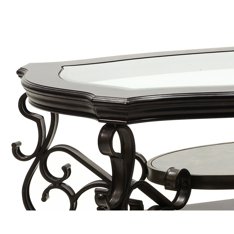 Table de cocktail brun foncé avec plateau en verre et tablette avec structure en métal et table en papier marbré