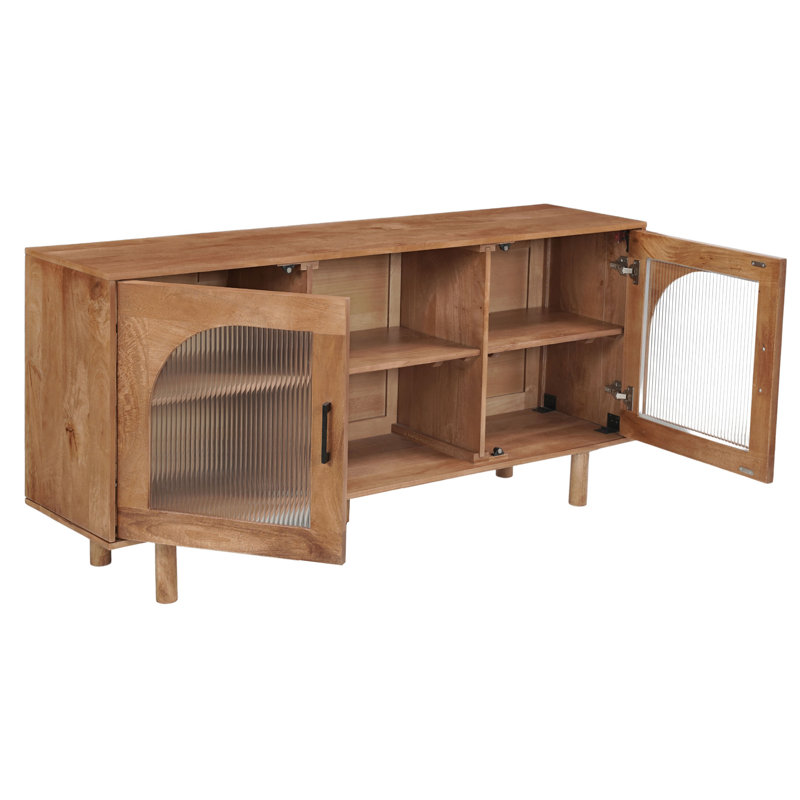 Console de meuble télé 64 pouces, 2 armoires et tablettes en verre arqué, bois de manguier brun noyer