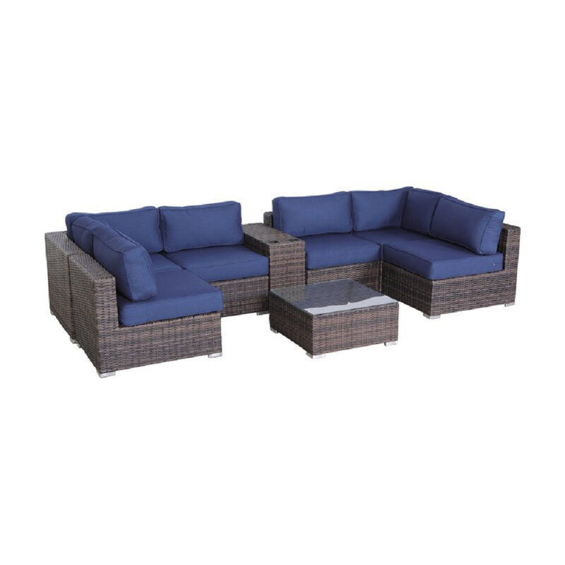 Lazaro Wicker Fully Assembled 4 - Person Seating Group with Sunbrella Cushions, Brown, Sunbrella Navy Blue