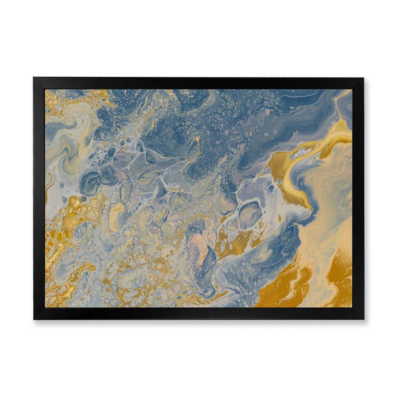 Vagues de marbre brunes et bleues - Peinture sur toile, Cadre photo noir, H 34 po x l 44 po x P 1,5 po