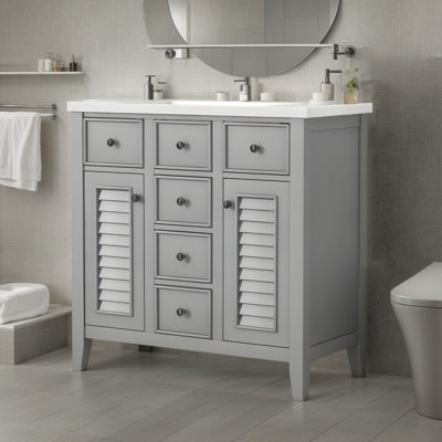 Pelaga 36" Bathroom Vanity With Ceramic Basin, Two Cabinets And Five Drawers, Solid Wood Frame