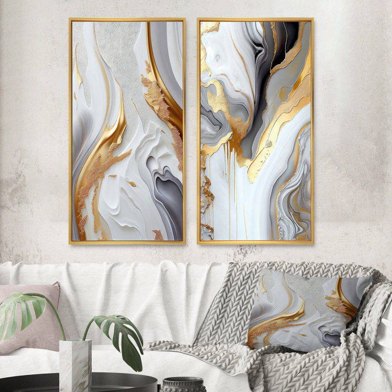 «White And Gold Marble Abstract I», 2 pièces sur toile, Encadrement doré, H 40 po x l 40 po
