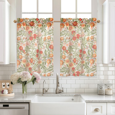 Rideaux de cuisine orange moelleux floral lin court rideaux café pour salon salle de bain automne automne imprimé à motifs rétro avec passe-tringle 2 panneaux orange corail doré