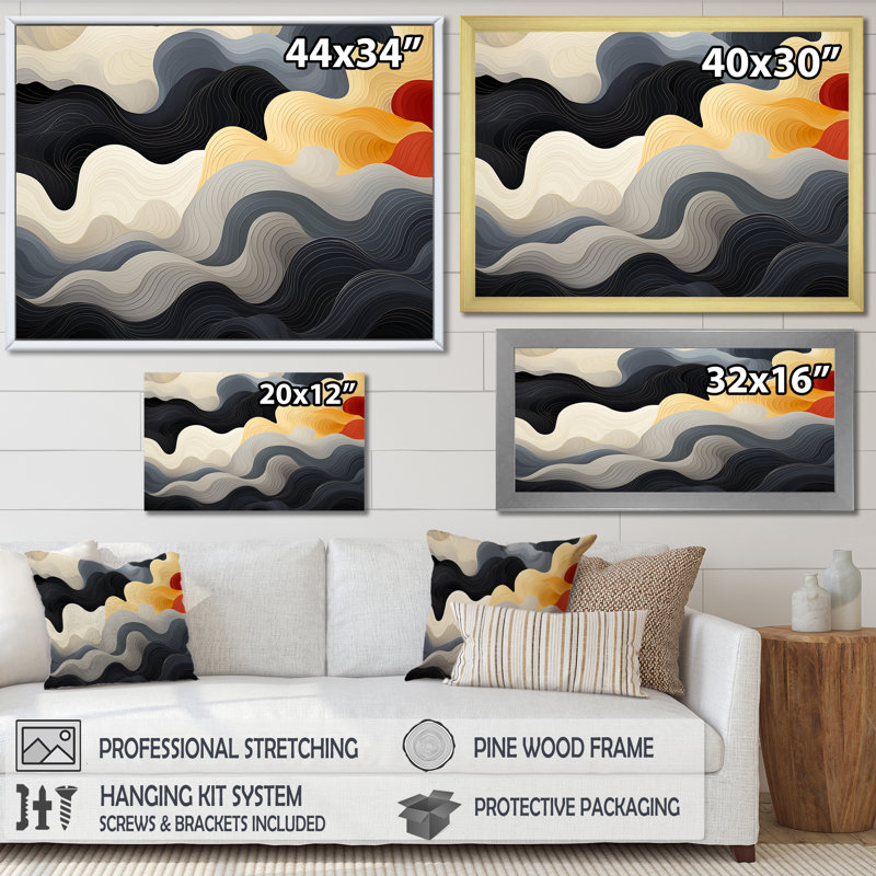 Orage solaire noir et orange - reproduction d'art abstrait mural, Cadre d'angle fermé noir, H 34 po x l 44 po x P 1,5 po