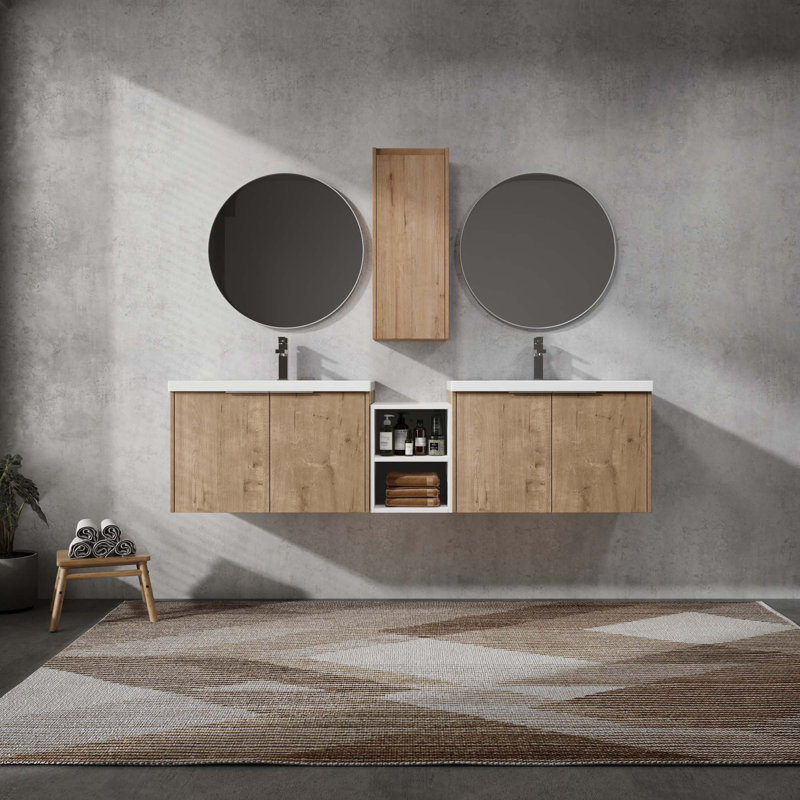 Meuble-lavabo mural avec lavabo et armoire latérale, 2 armoires combinées