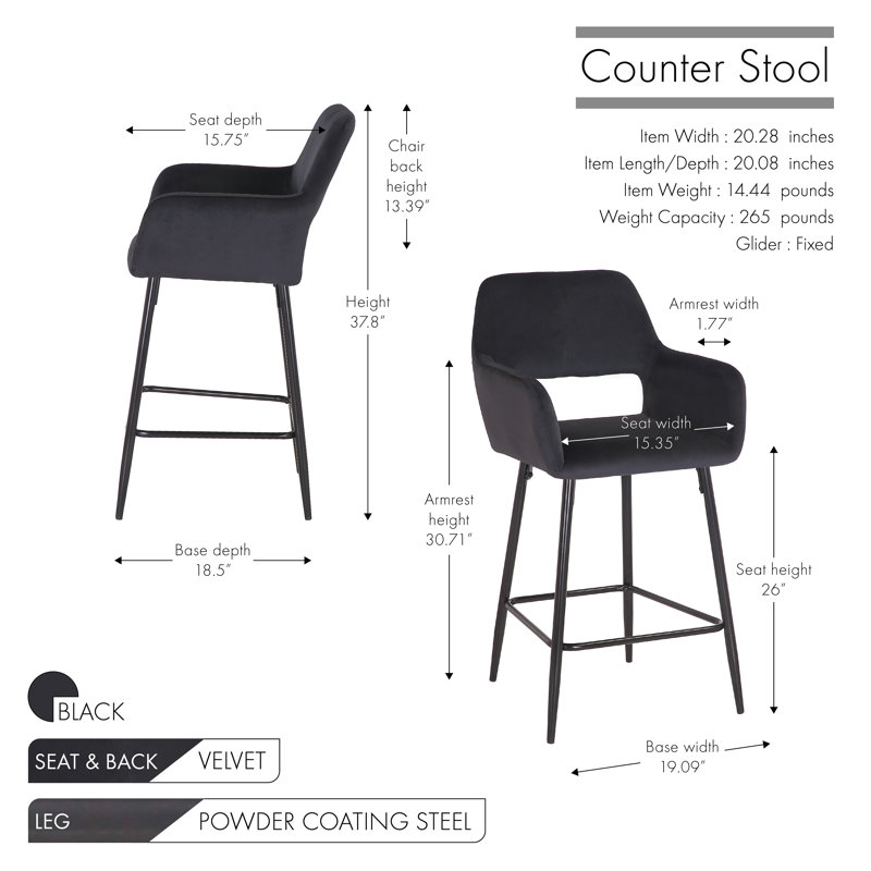 Tabouret de bar 26 po en velours avec pieds en acier Pranay, Velours noir