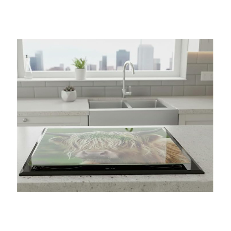 Multicolour Highland Cow Universal Hob Cover Plate 5Mm Thick Tempered Glass All Types Cookers Kitchen Decor Worktop Saver 4X Feet Large Chopping Board 60 X 52 Cm (Hob Cover with 4 X Black Feet)
