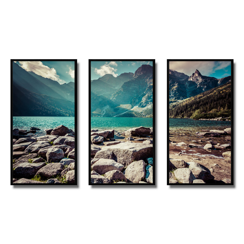 Tatra Mountains Green Water Mountain Lake - ensemble de 3 toiles encadrées, H 28 po x l 36 po x P 1 po, Cadre noir