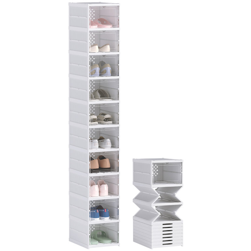 10 Pack Foldable Shoe Organizer, Plastic No Assembly Stackable Shoe Storage Box with Clear Door, Space Saving, Fit up to US Size 10, White