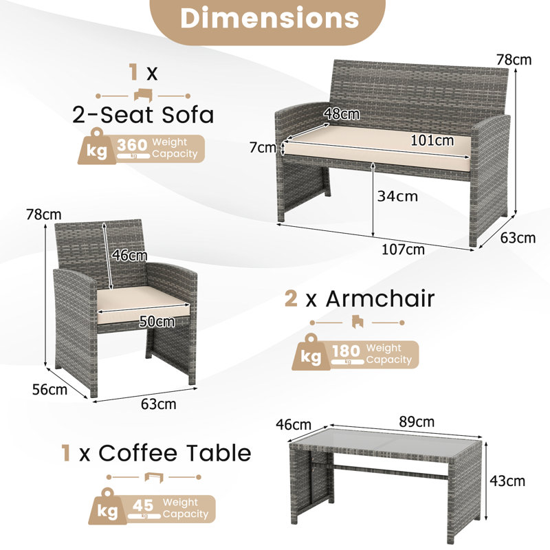 4 Piece Patio White Conversation Set Rattan Chair Loveseat & Table Set With Seat Cushions-White, White