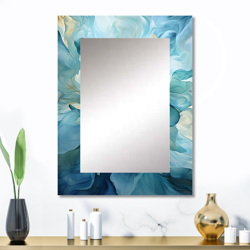Turquoise bleu et blanc Serenity Swirl IV - abstrait spirales murales uniques, miroir bleu, art imprimé en métal