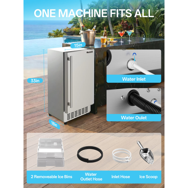 Coolski 15 In. 100lbs/24h Commercial Nugget Ice Maker In Silver, Bulit-in/freestanding, Auto-cleaning