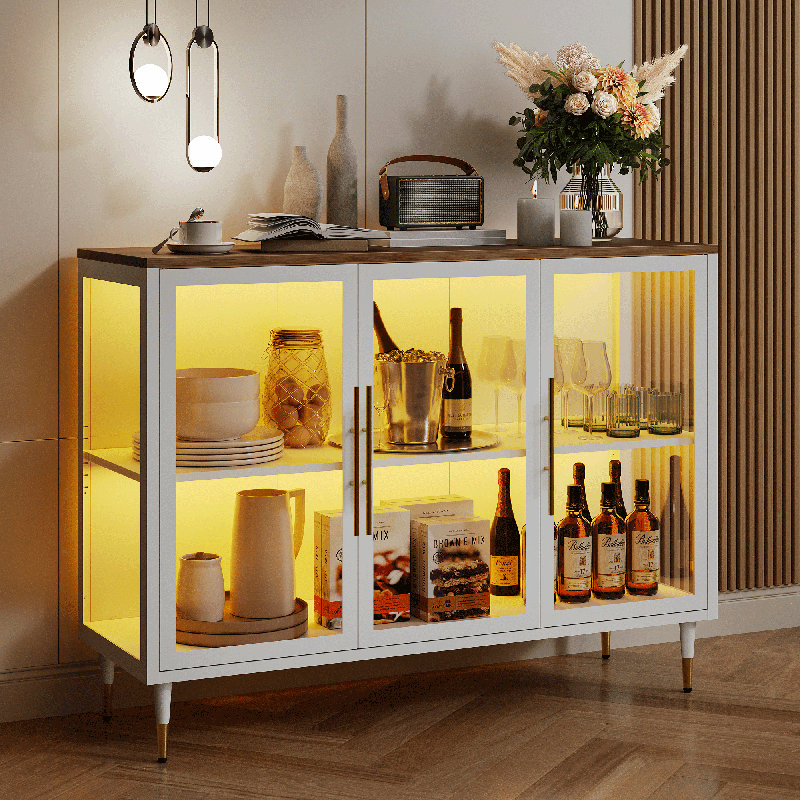 Buffet avec porte vitrée, tablettes réglables, éclairage RVB, Blanc