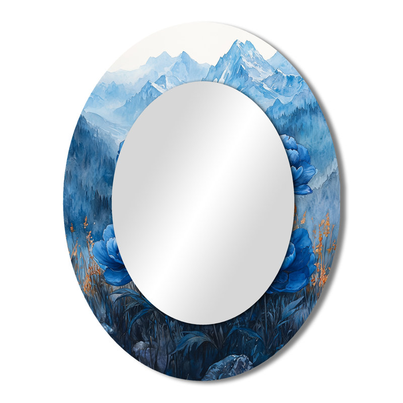 Blue Peonies On Mountain Peaks II - Large Oval Wall Mirror On Metal, 43" x 33"