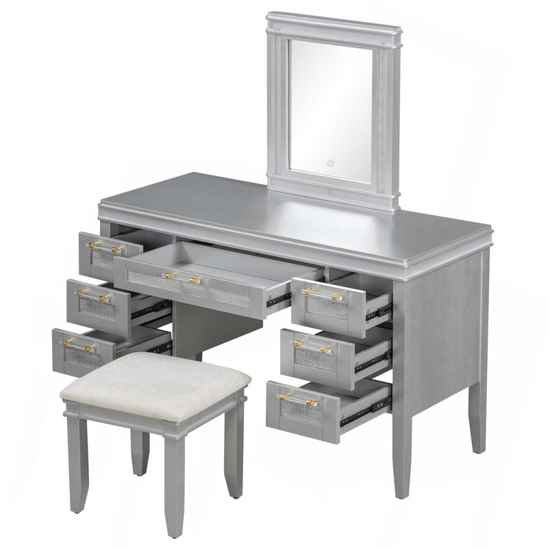 48" Vanity Desk With Mirror And Lights, Makeup Vanity With 7 Drawers And Cushioned Stool, Classic Grey Finish Dressing Table With Hollow Design Drawer For Bedroom, Rubber Wood Legs