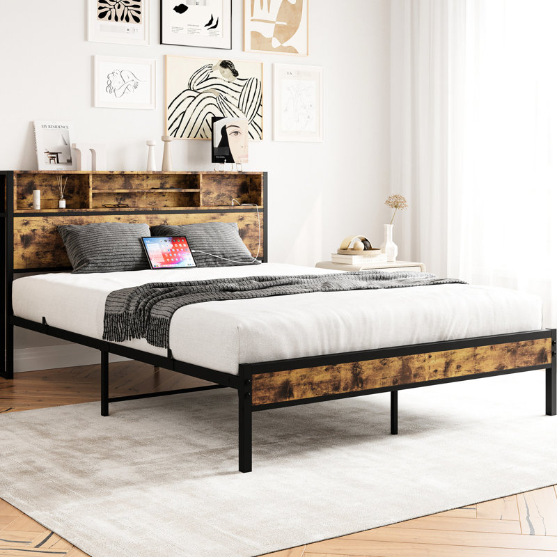 Lit plateforme en métal noir avec rangement pour tête de lit et installation de chargement - grand lit, sans sommier tapissier, silencieux, amplement d'espace, plateforme avec fonction grand lit, bruit, noir, conception pratique