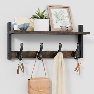 20" Rustic Coat Rack Wall Mount With Shelf, Wall Hooks With Shelf, Heavy Duty Entryway Organizer Hangers