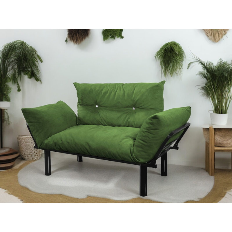 Sofa deux places kaki. Petit sofa peu encombrant pour les salons et les chambres. Pieds hauts pour un nettoyage facile. Disponible en plusieurs coloris. Assemblage requis. Rembourrage en mousse. Structure en métal. Profondeur : 62 cm x