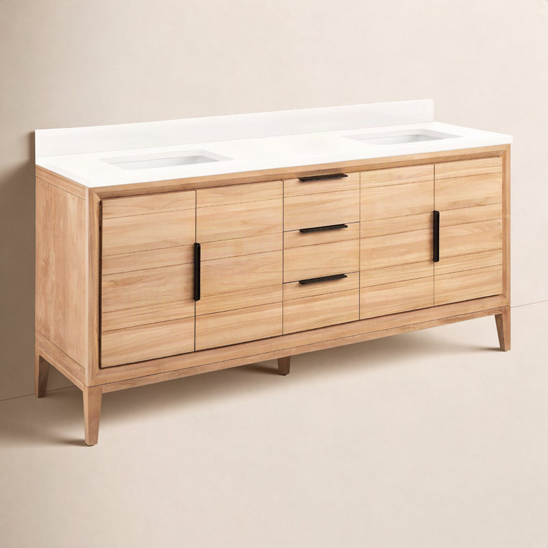 Meuble-lavabo double 72 po Aliso, Quartz blanc arctique / teck naturel, H 34 po x l 72 po x P 22 po, Aucun trou de robinet