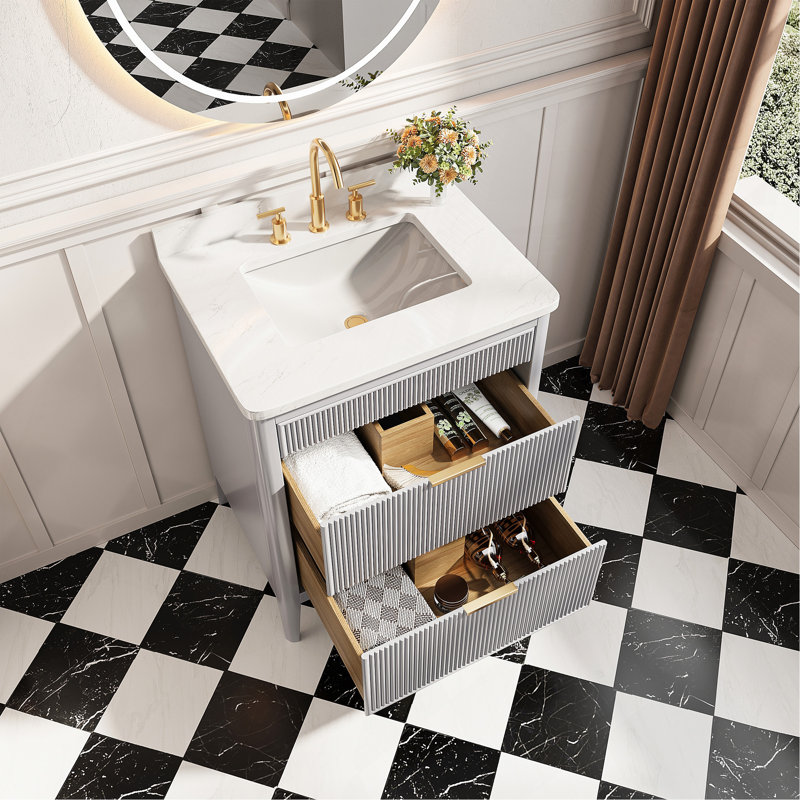 Ensemble de meuble-lavabo autoportant 30 po avec 2 ensembles de poignées et plateau en marbre d'ingénierie entièrement assemblé gris