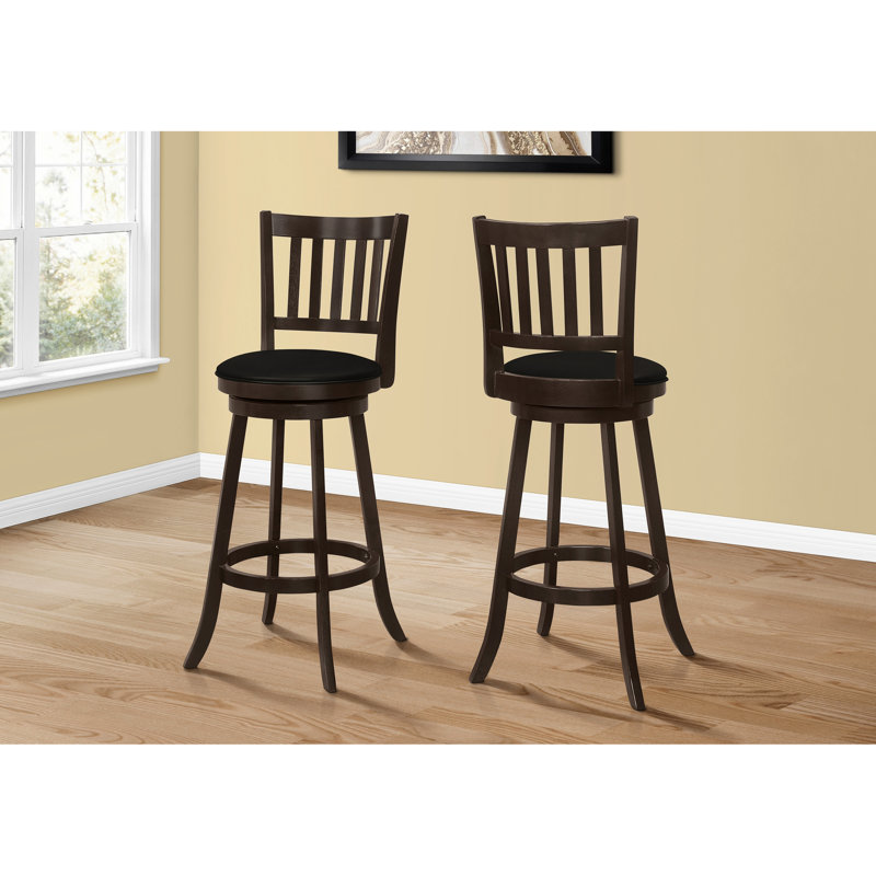 Tabouret de bar pivotant de 2, hauteur, pieds en bois brun, assise rembourrée noire, finition de couleur, stable et élégant