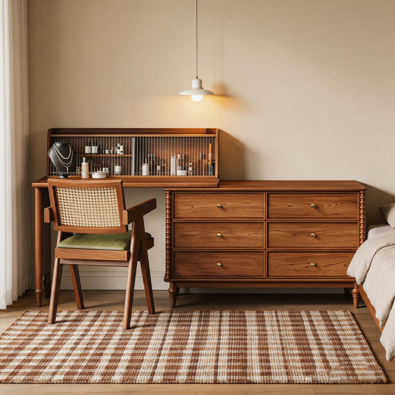 Coiffeuse extensible de 23,62 po en chêne rétro, grande capacité de rangement, avec étagère en verre cannelé, motif ondulé français, multifonctionnelle pour s'habiller de maquillage et pour le bureau personnel