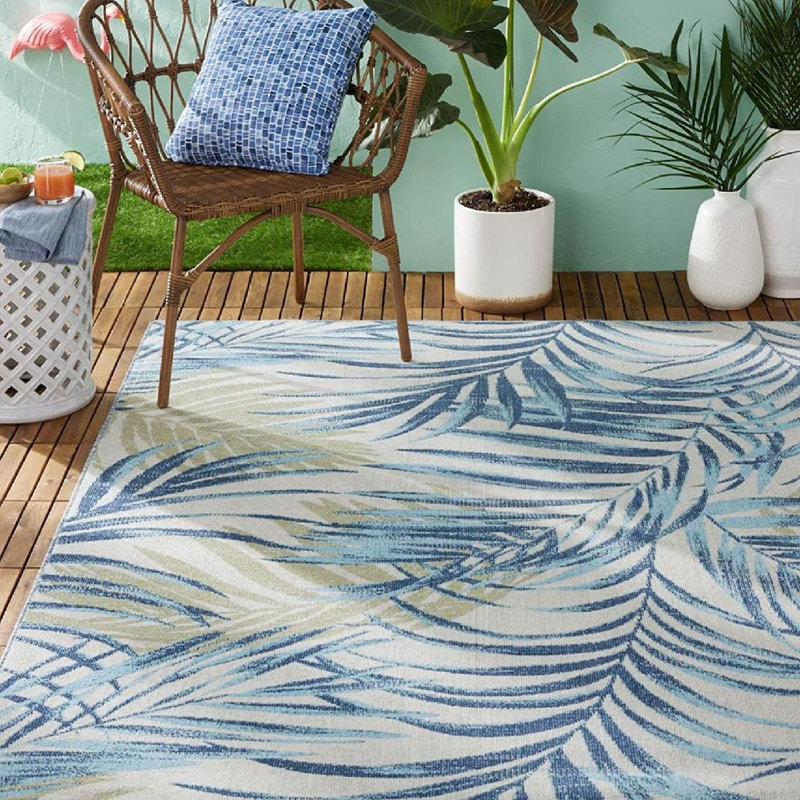 Tapis intérieur / extérieur en polypropylène tissé à la machine floral ivoire / bleu turquoise