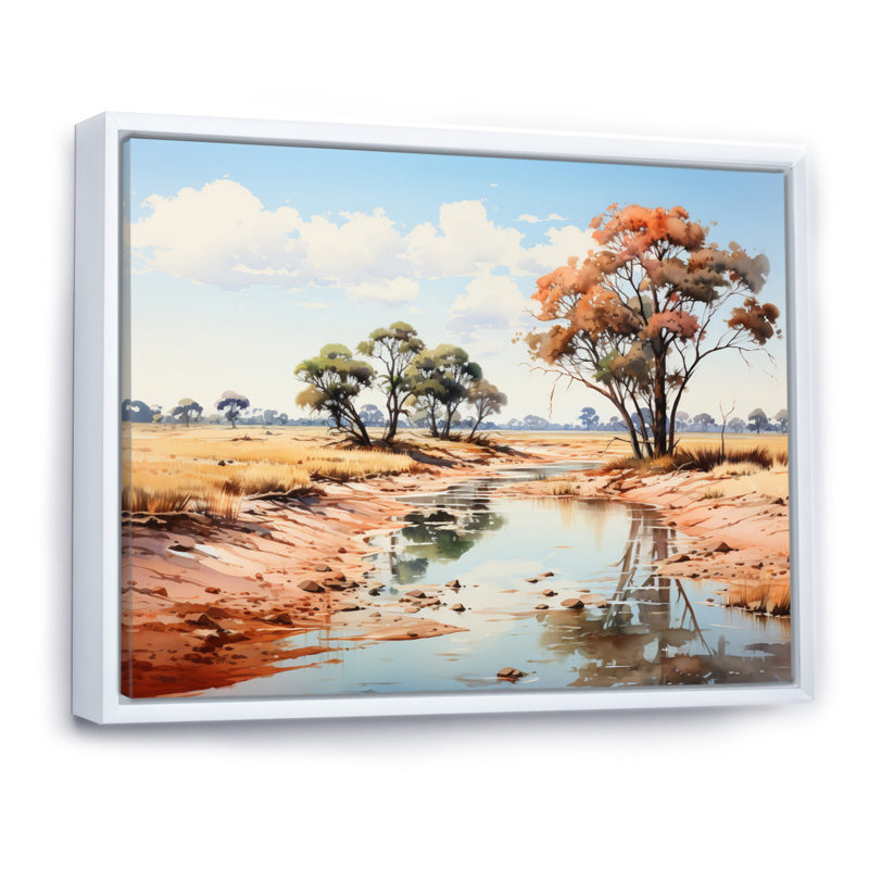 Paysage africain beige et vert sur toile, H 34 po x l 44 po x P 1,5 po, Cadre flottant blanc