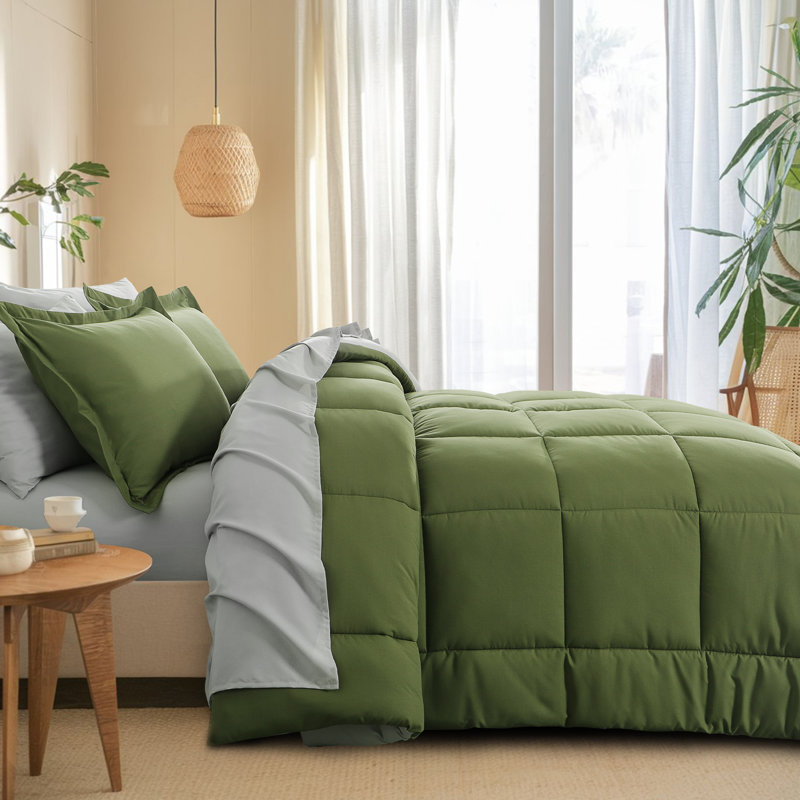 Ensemble d'édredon en microfibre 5/7-pièces , Édredon de grande taille et 6 pièces supplément, Vert olive / gris clair