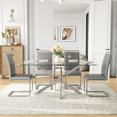 Winkler 5-Piece 63" Glass Dining Table Set, Rectangular Tempered Glass Table With Stainless Steel Cross Legs And 4 PU Leather Cantilever Chairs, Seats 4