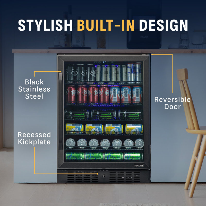 Newair 24" Built-in 177 Can Black Stainless Steel Beverage Fridge with Precision Temperature, Black