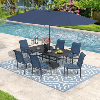 Ensemble repas d'extérieur rectangulaire pour 6 personnes avec parasol et chaises empilables Textilene