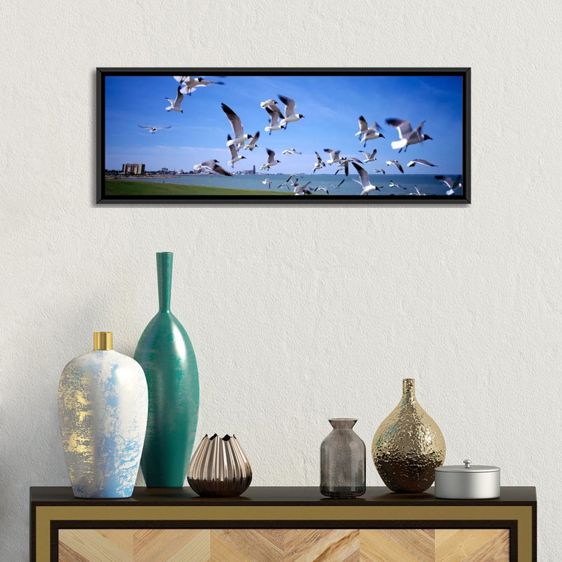 « troupeau of seagulls flying on the beach, new york state », reproduction de photo sur toile, H 12 po x l 36 po x P 1,5 po