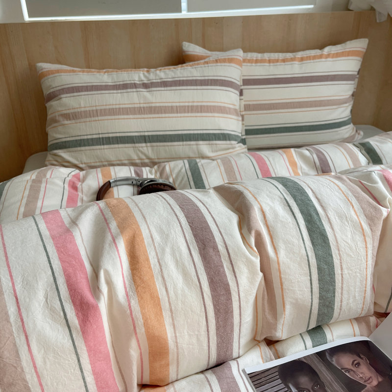Farmhouse Colorful Pinstripe Washed Cotton Duvet Cover Set, Queen Duvet Cover + 2 Pillowcases, Orange/White