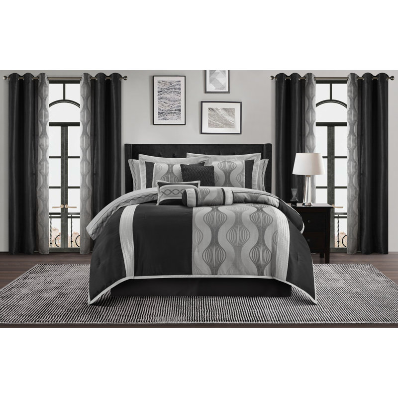 Kath Microfiber Jacquard 15 Piece Comforter Set, Cal. King Comforter + 14 Additional Pieces, Black Silver