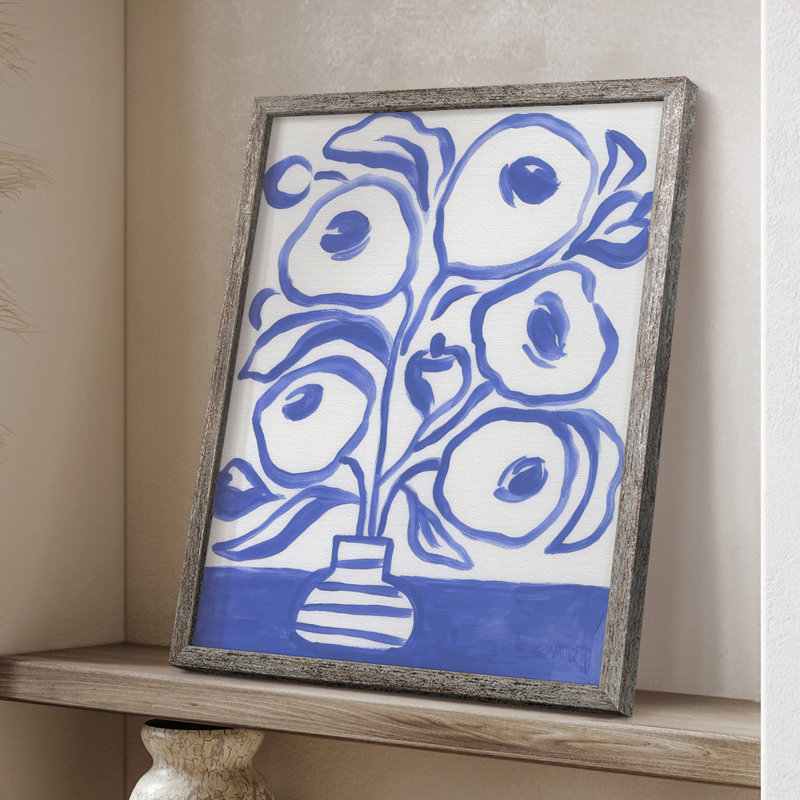 «Blue Brush Flowers II», reproduction encadrée - bois massif, H 11 po x l 9 po