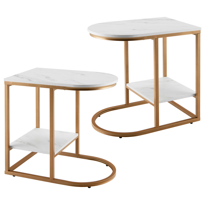 2 pièces table d'appoint en forme de C, table de bout à 2 niveaux avec rangement moderne