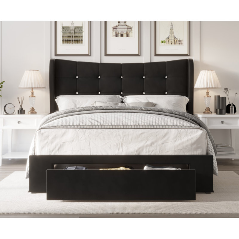 Culberson Upholstered Wingback Storage Bed, Twin, Black