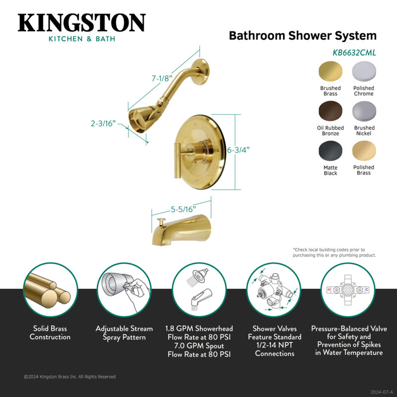 Robinet de baignoire et douche à pression équilibrée à poignée simple Kingston Brass Kingston, Laiton poli