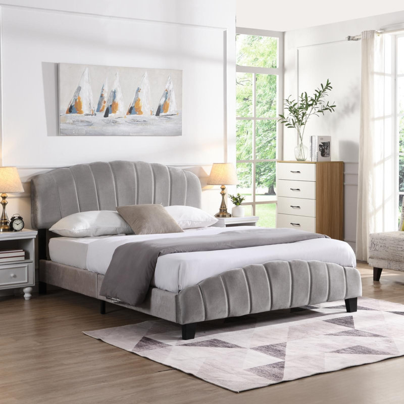 Structure de lit plateforme tapissier grand format, Gris, Grand lit
