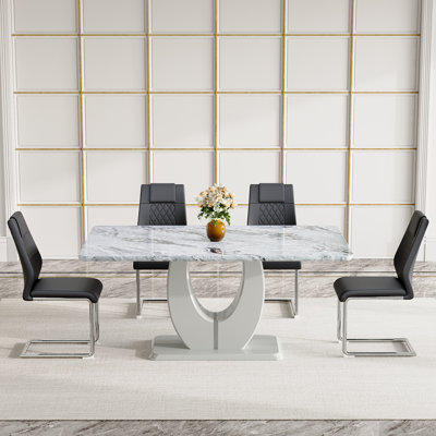  Ensemble de table de salle à manger 63 po en bois, gris rectangulaire pour 4/6 personnes avec chaises en cuir